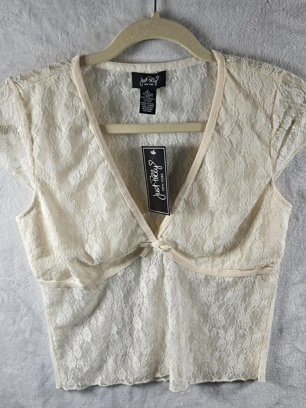 Just Polly Lace Crop Top Deep V-Neck Bow Ivory Women's Size Large